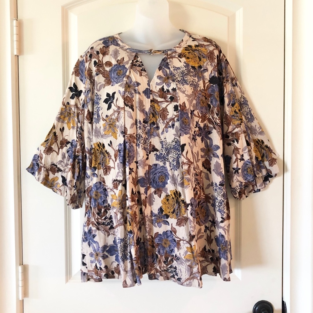 Giddy Up Glamour Boho Peasant Floral Blouse V-Neck Flowy Top Large Purple Gold